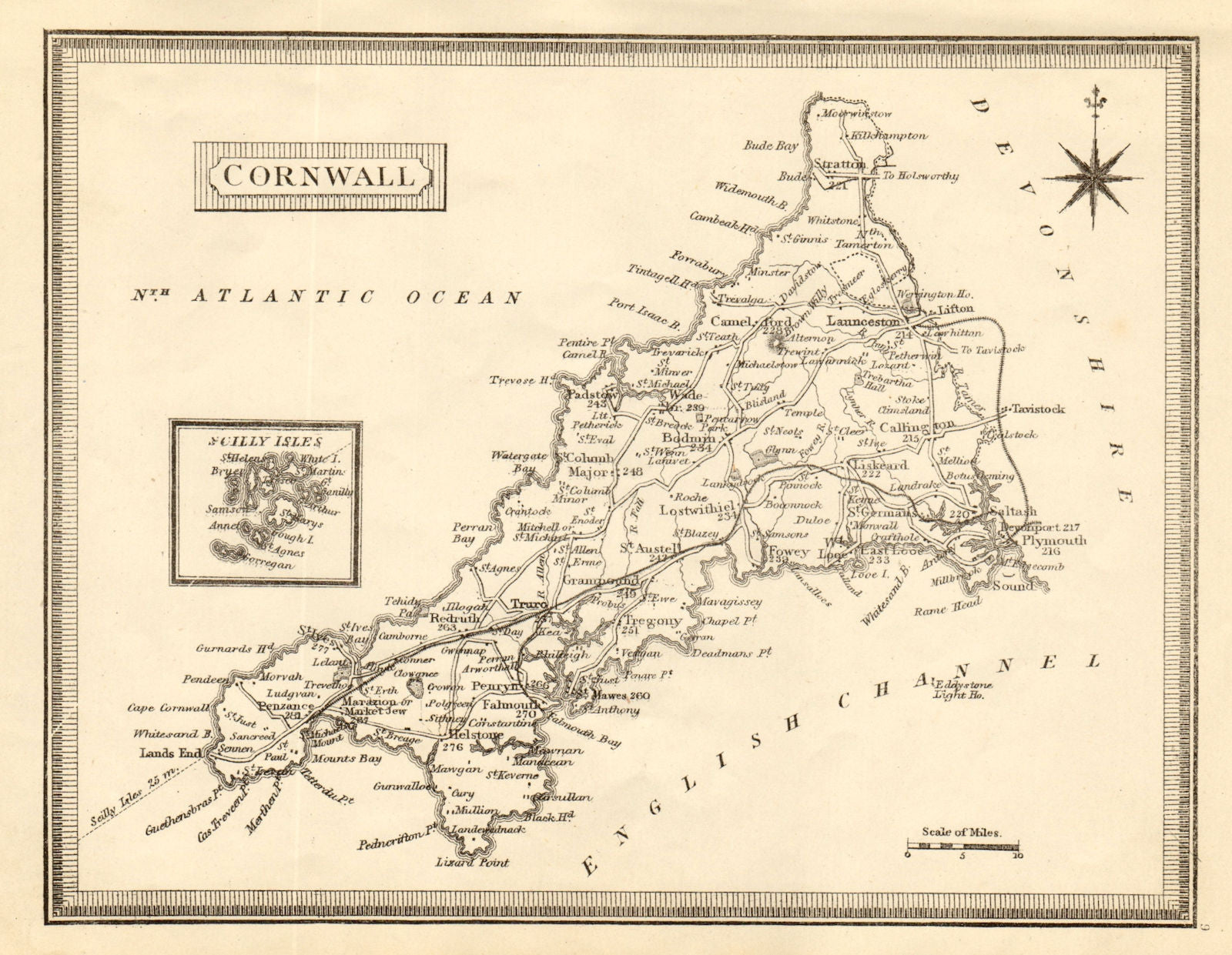 Antique county map of Cornwall by John Heywood. Railways & coach roads c1864